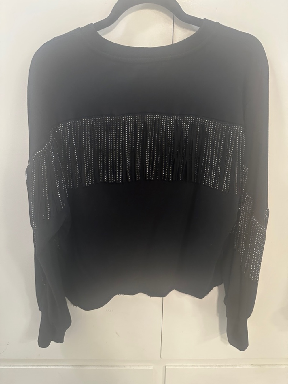 Black crew neck sweatshirt with western sparkle fringe